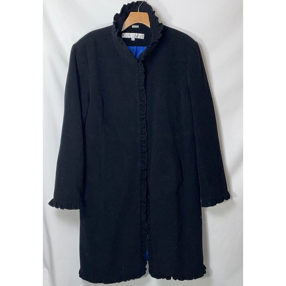 Larry Levine Wool Blend Coat - Women's Size L - Ruffle Trim & 39" Long